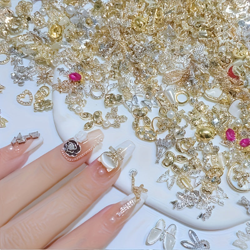200pcs Elegant Nail Art Jewels, 3D Alloy Nail Jewelry Set, with Rhinestones and Faux Gemstones, Unscented DIY Manicure Accessories